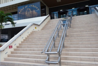 View of the steps leading to the Bank of Jamaica. 