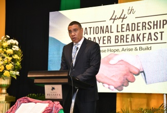 Prime Minister, the Most Hon. Andrew Holness, reads the first lesson during today’s (January 18) National Leadership Prayer Breakfast, held at The Jamaica Pegasus hotel in New Kingston.