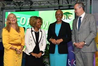 Minister of Education and Youth, Hon. Fayval Williams (second right), shares a light moment with (from left) Head of the European Union (EU) Delegation to Jamaica, Ambassador Marianne Van Steen; Minister without portfolio in the Office of the Prime Minister with responsibility for Skills and Digital Transformation, Senator Dr. the Hon. Dana Morris Dixon, and Director for Latin America, the Caribbean and relations with all Overseas Countries and Territories at the European Commission’s Directorate-General for International Partnerships, Félix Fernández-Shaw, during the opening ceremony of the Forum for Innovations in Teaching, held at the National Arena on Thursday (January 25).