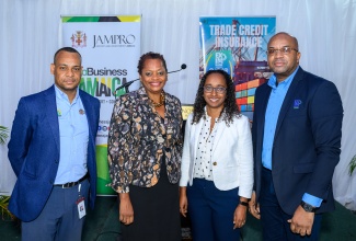 President of the Jamaica Promotions Corporation (JAMPRO), Shullette Cox (second right), shares a photo opportunity with (from left) Interim Vice President, Export Division, JAMPRO, Shane Angus; Manager, Exporter Facilitation, JAMPRO, Delaine Morgan; and Manager at EXIM Bank of Jamaica, Errol Barnaby. Occasion was the recent Exporter Information Session at the Terra Nova All-Suite Hotel in Kingston.

 
