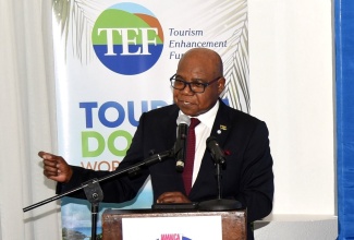 Minister of Tourism, Hon. Edmund Bartlett, addresses Tuesday’s (January 9) launch of the Blue Mountain Coffee Festival at Devon House, St. Andrew.