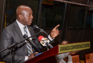 Minister of Labour and Social Security, Hon. Pearnel Charles Jr., addresses a sensitisation session with Members of Parliament to address concerns related to the suitability of candidates on the Seasonal Agricultural Workers Programme (SAWP), held at the Jamaica Conference Centre today (January 9).

