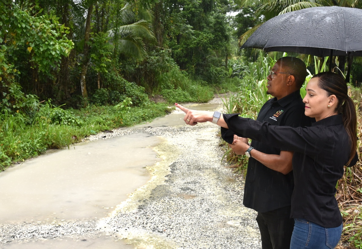 – Minister of Agriculture, Fisheries and Mining, Hon. Floyd Green (left) and Portland Eastern Member of Parliament, Ann-Marie Vaz, observe flood damage from heavy rainfall in sections of the constituency during a tour on January 3.
