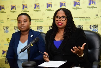 Director of the Restorative Justice Branch in the Ministry of Justice, Joanalee Robertson (left) and Restorative Justice Officer with the Tivoli Gardens Restorative Justice Centre, Saccsha Ebanks (right), speaking in a recent JIS Think Tank.

