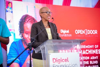 Minister of Education and Youth, Hon. Fayval Williams, delivers the keynote address at a ceremony for the handover of braille machines to the Salvation Army School for Blind and Visually Impaired Children, held at the institution in Kingston on Friday (Feb. 9).

