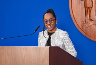 President of the Jamaica Promotions Corporation (JAMPRO), Shullette Cox, brings remarks at the launch of the Jamaica Screen Development Initiative (JSDI) at the Office of the Prime Minister on Wednesday (January 31).

