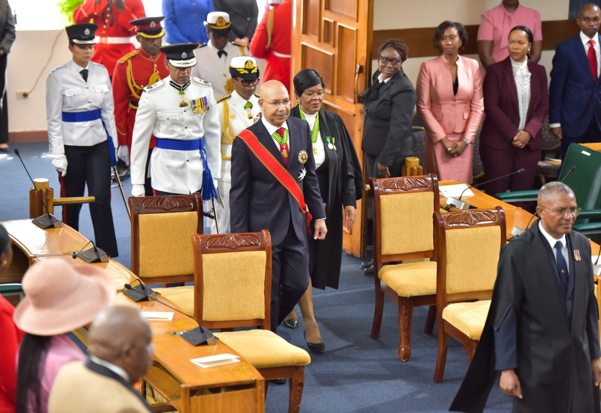 Governor-General, His Excellency the Most Hon. Sir Patrick Allen, enters Gordon House to deliver the Throne Speech to open the 2024/25 Parliament Year on Thursday (February 15). Immediately behind the Governor-General are (from left) Police Commissioner, Major General Antony Anderson; Chief of Defence Staff, Rear Admiral Antonette Wemyss-Gorman and Clerk to the Houses of Parliament, Valrie Curtis. In front is Marshal to the Houses, Captain Wayne Blake.