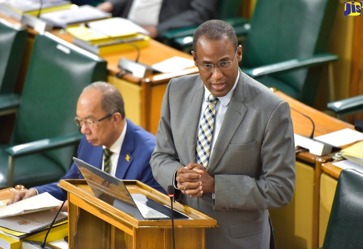 Minister of Finance and the Public Service, Dr. the Hon. Nigel Clarke (right), tables the 2024/25 Estimates of Expenditure in the House of Representatives on February 15. At left is Deputy Prime Minister and Minister of National Security, Hon. Dr. Horace Chang.

