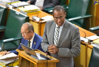 Minister of Finance and the Public Service, Dr. the Hon. Nigel Clarke (right), tables the 2024/25 Estimates of Expenditure in the House of Representatives on February 15. At left is Deputy Prime Minister and Minister of National Security, Hon. Dr. Horace Chang.

