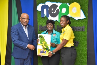 Chief Executive Officer of the National Environment and Planning Agency (NEPA), Peter Knight (left), and Acting Communications Manager at the Early Childhood Commission, Sophia Stewart (right), present environmental learning aids to educator at Beaming Brite Sparks Basic School, Veronica Fairclough. The handover ceremony was held at NEPAS’s Caledonia offices in Kingston on Friday (February 23).