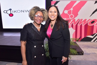 Minister without Portfolio in the Office of the Prime Minister, with responsibility for Skills and Digital Transformation, Dr. the Hon. Dana Morris Dixon (left), and Chief Executive Officer of IKONWORK HIRE, Veda Samai, share a photo opportunity at the launch of IKONWORK in Jamaica, at the AC Marriott Hotel in Kingston on January 31.