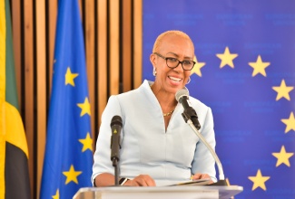 Minister of Education and Youth, Hon. Fayval Williams, delivers remarks during Wednesday’s (January 31) European Union (EU)-Jamaica 5K and 10K Run media launch at the EU Delegation Office in Kingston.

