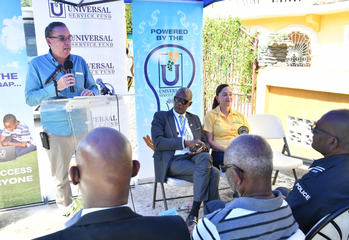 Minister of Science, Energy, Telecommunications and Transport and Member of Parliament for Portland Western, Hon. Daryl Vaz (left), brings remarks at the launch of community Wi-Fi in Cornwall Barracks, Portland, on February 7. Also pictured are (from second left) Chief Executive Officer of the Universal Service Fund (USF), Dr. Daniel Dawes, and Member of Parliament for Portland Eastern, Ann-Marie Vaz. The free and safe community Wi-Fi was installed by the USF as part of a national drive.