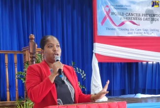 Cancer Programme Development Officer, Ministry of Health and Wellness, Dr. Gail Evering Kerr, speaking during the Manchester Health Department’s World Cancer Prevention and Awareness Day event on Thursday (February 15) at the Mandeville Parish Church Hall.