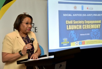 Permanent Secretary in the Ministry of Justice, Grace-Ann Stewart McFarlane, speaking during a Social Justice (SO-JUST) project event at The Jamaica Pegasus hotel in New Kingston on Tuesday (February 20).

