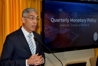 Bank of Jamaica (BOJ) Governor, Richard Byles, addresses the recent BOJ Quarterly Monetary Policy media briefing.

