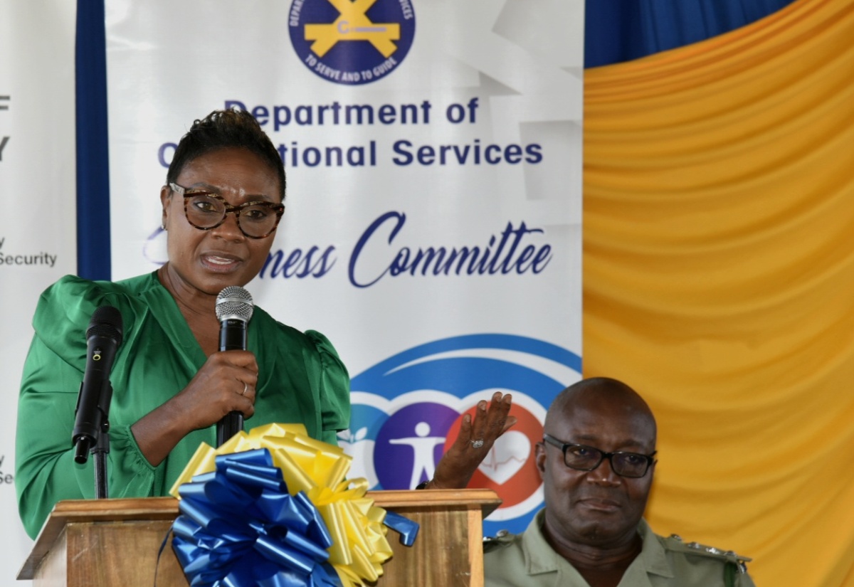Minister of State, Ministry of National Security, Hon. Juliet Cuthbert-Flynn, addresses the launch of the Department of Correctional Services (DCS) Wellness Committee Health Fair at the St. Catherine Sports Club on February 6.