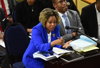Minister without Portfolio in the Office of the Prime Minister with oversight for Skills and Digital Transformation, Senator Dr. the Hon. Dana Morris Dixon, addresses the Standing Finance Committee of the House of Representatives sitting on March 5 at Gordon House. She is joined by Minister of Finance and the Public Service, Dr. the Hon. Nigel Clarke.

