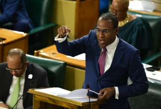 Minister of Finance and the Public Service, Dr. the Hon. Nigel Clarke, makes a point during his opening of the 2024/25 Budget Debate in the House of Representatives on Tuesday (March 12).