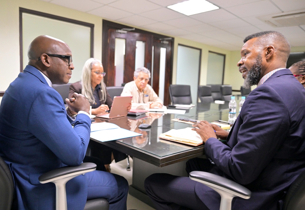 Minister of Labour and Social Security, Hon. Pearnel Charles Jr (left), is in discussion with Director, International Labour Organization (ILO) Decent Work Team and Office for the Caribbean, Joni Musabayana (right), during a courtesy call at the Ministry’s North Street offices on March 20. Others present (from second left) are Permanent Secretary in the Ministry, Colette Roberts Risden and Senior Advisor to the Minister, Bindley Sangster. The parties engaged in discussions to highlight the ILO's initiatives, strategies, and support mechanisms aimed at promoting decent work and social justice in Jamaica.