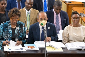 Deputy Prime Minister and Minister of National Security, Hon. Dr. Horace Chang, addresses the Standing Finance Committee meeting at Gordon House on Thursday (March 7). He is flanked by Permanent Secretary in the Ministry, Ambassador Alison Stone Roofe (left) and Minister of State in the Ministry, Hon. Juliet Cuthbert-Flynn.

