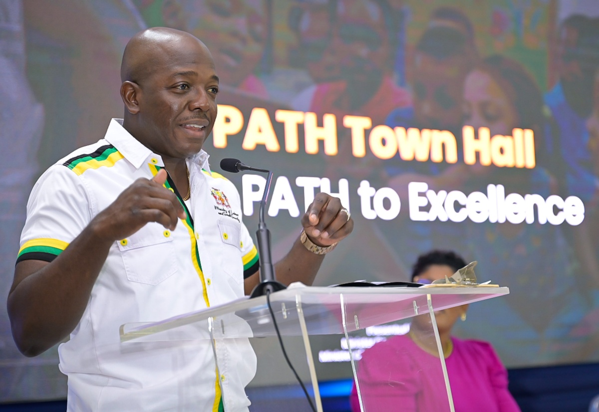 Minister of Labour and Social Security, Hon. Pearnel Charles Jr., addresses the Ministry’s semi-virtual townhall – ‘On a PATH to Transformation with the Ministry of Labour and Social Security’ – on March 13 at the St. Gabriel’s Anglican Church Hall in May Pen, Clarendon.

