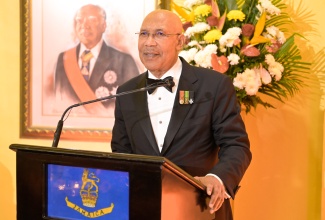 Governor-General, His Excellency the Most Hon. Sir Patrick Allen, addresses guests attending the annual Diplomatic Corps Cocktail Reception and Dinner at King’s House on Thursday, March 14.