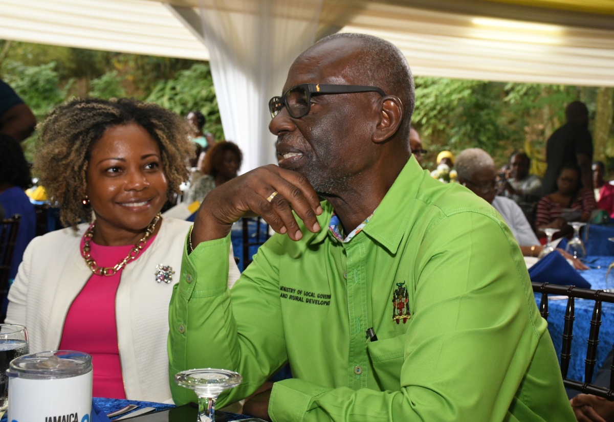 Minister of Local Government and Community Development, Hon. Desmond McKenzie (right), is in discussion with Minister without Portfolio in the Office of the Prime Minister with Oversight for Skills and Digital Transformation, Senator Dr. the Hon. Dana Morris Dixon, during the Board of Supervision’s annual awards ceremony at the Boone Hall Oasis in Stony Hill, St. Andrew, recently.
