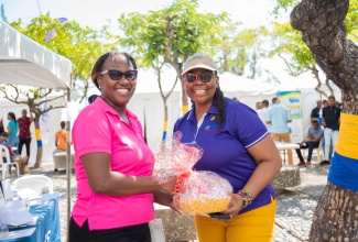 Senior Case Officer at the Administrator General’s Department, Lotoya Williams (left), receives a token from Public Relations Officer at the Maritime Authority of Jamaica, Karen Mullings, at the recently held MAJ Health Fair, at the MAJ’s downtown Kingston offices.

