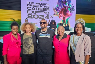 Minister of Culture, Gender, Entertainment and Sport, Hon. Olivia Grange (second right), poses with Grammy award-winning entertainer, Sean Paul (centre), and American Actress, Sundra Oakley (second left), during the recent Jamaica Creative Career Expo, which was held at the Jamaica Conference Centre in downtown Kingston. With them (from left) are National Director, Jamaica Creative Unit, Ministry of Culture, Gender, Entertainment and Sport, Marisa Benain, and Miss Jamaica Festival Queen 2023, Aundrene Cameron.

