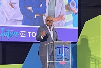 Tourism Minister, Hon. Edmund Bartlett, speaking during the Jamaica Centre for Tourism Innovation (JCTI) Career Expo 2024 at the Montego Bay Convention Centre in Rose Hall, St. James, on March 15.

