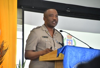 Commanding Officer for the St. James Police Division, Senior Superintendent Vernon Ellis, delivers remarks during Sam Sharpe Teachers’ College Research Day, which was held at the institution’s campus in Granville, St. James, recently.