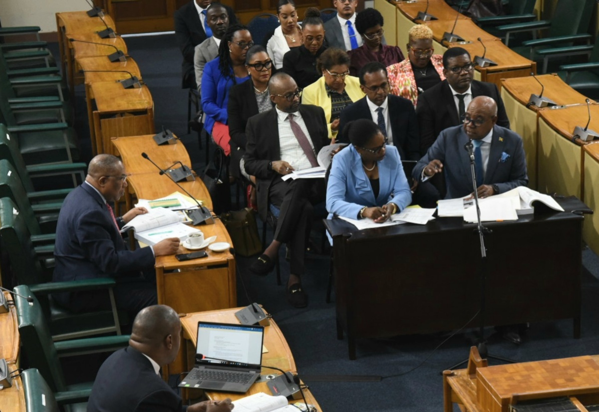 Minister of Tourism, Hon. Edmund Bartlett (right, front row), addresses members of the Standing Finance Committee of the House of Representatives at Gordon House on Tuesday (March 5). Accompanying him are Permanent Secretary in the Ministry, Jennifer Griffith (left, front row), and representatives of portfolio departments and agencies.