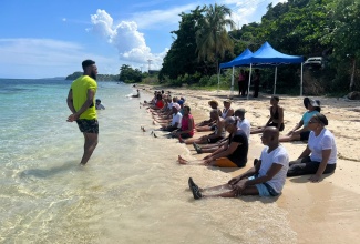 Regional Physical Activity Specialist, Western Regional Health Authority (WRHA), Orane Gardner, leads a beach exercise session with the Hopewell Senior Citizens Support Group in Hanover.

