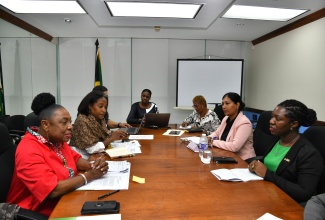 Minister of Culture, Gender, Entertainment and Sport, Hon. Olivia Grange (left), speaks with Ambassador of the Republic of Suriname to Jamaica, Wendy Manushka Paulus-Aminta (right), while members of the Jamaican and Surinamese delegations listen. Occasion was a courtesy call on the Minister at her offices in Kingston on Wednesday (March 13).

