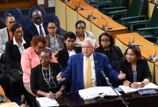 Minister of Justice, Hon. Delroy Chuck (centre), speaks at a Standing Finance Committee meeting held on Tuesday (March 5), at Gordon House. At right is Permanent Secretary in the Ministry, Grace-Ann Stewart McFarlane.