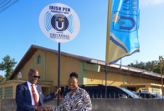 Minister of Culture, Gender, Entertainment and Sport, Hon. Olivia Grange, shakes hands with Chief Executive Officer, Universal Service Fund (USF), Daniel Dawes, following the official unveiling of the Irish Pen Community Wi-Fi in St. Catherine on March 22.

