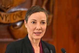 Minister of Foreign Affairs and Foreign Trade, Senator the Hon. Kamina Johnson Smith, addressing Wednesday’s (March 13) post-Cabinet press briefing at Jamaica House.

