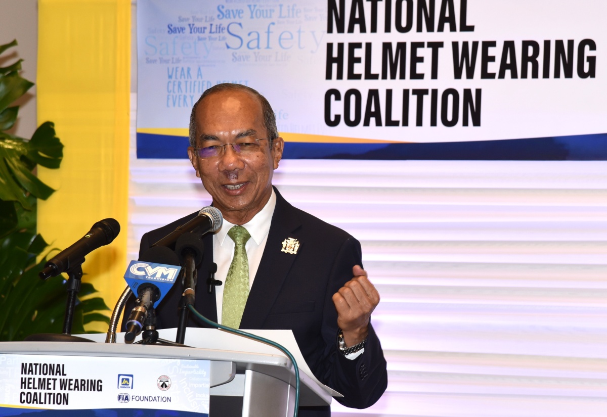 Minister of National Security and Deputy Prime Minister, Hon. Dr. Horace Chang, addresses the launch of the National Helmet Wearing Coalition Project on Thursday (March 21) at the AC Hotel by Marriott in Kingston. This initiative aims to enhance proper helmet use among motorcycle riders through advocacy and engagement initiatives.