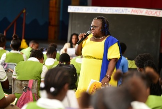 Senior Education Officer, Core Curriculum Unit, Ministry of Education and Youth, Dr. Lorna Thompson, addresses the Norman Manley High School Maths Conference held at the institution in Kingston on Friday (April 19). The event was part of activities for Maths Week from April 14 to 19 under the theme 