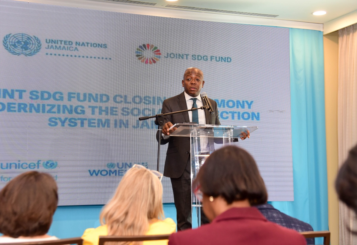 Minister of Labour and Social Security, Hon. Pearnel Charles Jr., addresses Wednesday’s (April 24) United Nations Joint Sustainable Development Goals (SDG) Fund Closing Ceremony, held at the Courtyard by Marriott Hotel in Kingston.