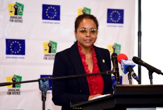Minister of Legal and Constitutional Affairs, Hon. Marlene Malahoo Forte, delivers the keynote address at Monday’s (April 29) Jamaicans for Justice (JFJ) – European Union (EU) Project Launch for the Promotion and Protection of Human Rights in Jamaica, held at The Jamaica Pegasus hotel in New Kingston.

