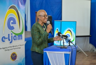 Minister of Education and Youth,  Hon. Fayval Williams, addresses the media launch of the Crea+her Girls in ICT Hackathon 2024 at the Immaculate Conception High School in Kingston on April 16. The event is being hosted by e-Learning Jamaica Company Limited (e-Learning Jamaica) in partnership with STEAMHouse.

