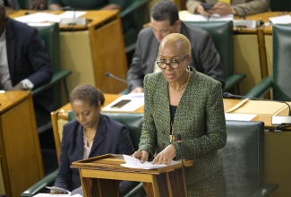 Minister of Education and Youth, Hon. Fayval Williams, speaks in the House of Representatives on April 9.