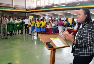 Permanent Secretary in the Ministry of Education and Youth, Dr. Kasan Troupe, addresses students during the opening ceremony for the Ministry’s second Tertiary Education Recruitment Drive at the National Stadium on Friday (April 26).

