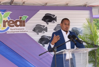 Minister of Agriculture, Fisheries and Mining, Hon. Floyd Green, addresses the recent ground-breaking ceremony for the $574-million fish hatchery in Twickenham Park, St. Catherine.