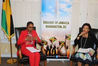 Minister of Legal and Constitutional Affairs, Hon. Marlene Malahoo Forte (left), with Jamaica’s Ambassador to the United States, Her Excellency Audrey P. Marks, during the virtual discussion forum, ‘Let’s Connect with Ambassador Marks’, on Wednesday (April 17) in Washington DC.