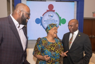 Minister of Industry, Investment and Commerce, Senator the Hon. Aubyn Hill (right), shares a light moment with the Jamaica Business Development Corporation’s Chief Executive Officer, Valerie Veira (centre) and Deputy Chief Executive Officer, Harold Davis, during the agency’s ‘Breakfast with the CEO’ event held recently at the AC Marriott Hotel in New Kingston.

