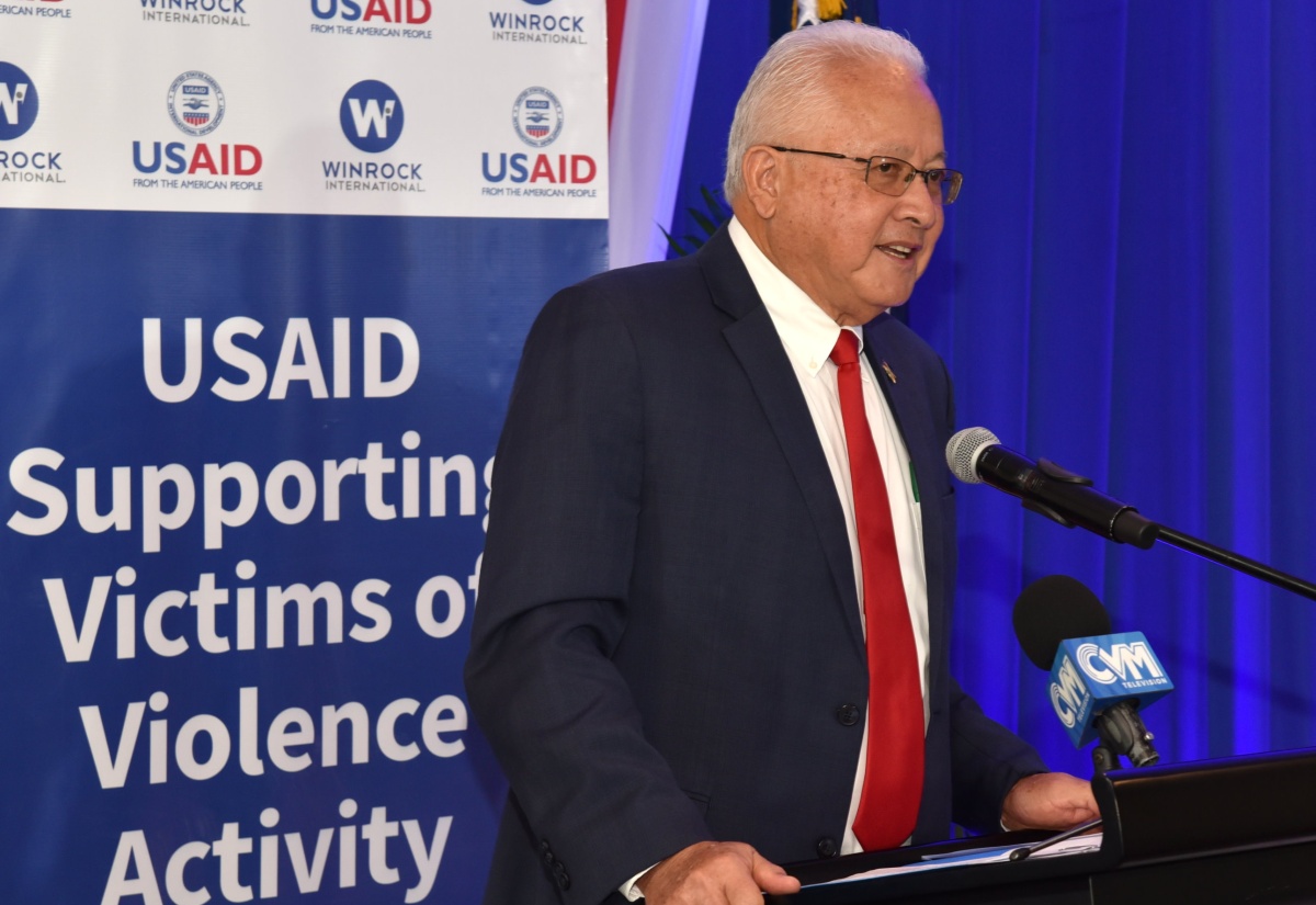 Minister of Justice, Hon. Delroy Chuck, delivers remarks during Wednesday’s (April 10) launch of the United States Agency for International Development (USAID) Supporting Victims of Violence (SVOV) Activity, held at The Jamaica Pegasus Hotel in New Kingston.