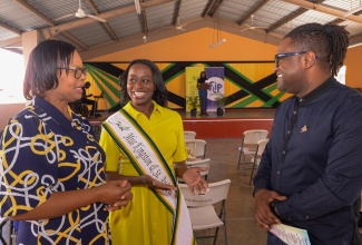 Miss Kingston and St. Andrew Festival Queen 2023, Jhanielle Powell (centre), is in conversation with (from left) Director of Community Cultural Development Services at the Jamaica Cultural Development Commission (JCDC), Marjorie Leyden-Kirton and Drama and Theatre Development Specialist, JCDC, Shaun Drysdale. Occasion was the launch of Miss Powell’s ‘Flip the Script’ film project at St. Andrew Preparatory School on April 3. The initiative, which is Miss Powell’s parish project, aims to empower 15 youth from Kingston and St. Andrew, ages 14 to 18, by providing them with comprehensive training in the art of writing and directing screenplays.

